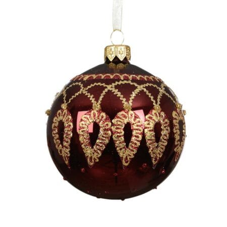 Boule de Noël en verre bordeaux avec détails dorés, 3''