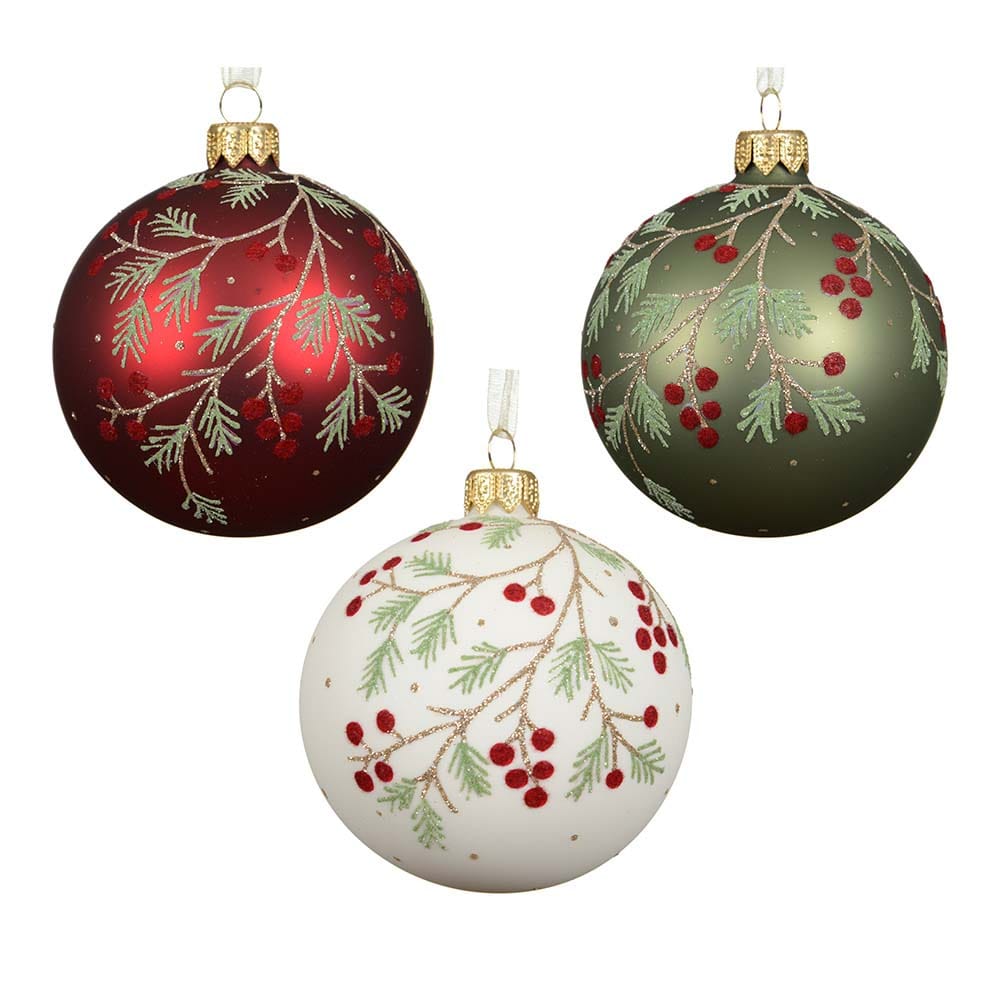 Boule de Noël en verre à motif de branches de baies - Décors Véronneau