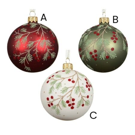 Boule de Noël en verre à motif de branches de baies, 3'' - Décors Véronneau