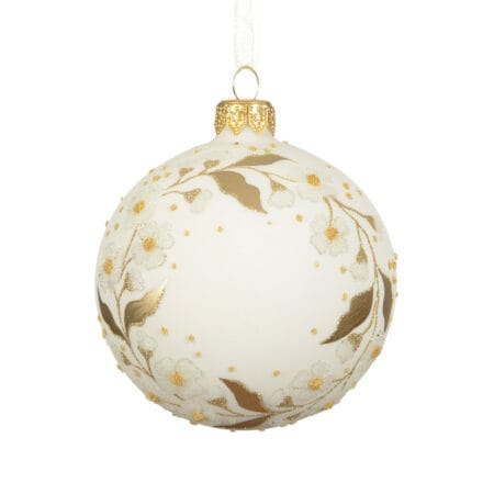 Boule de Noël blanche en verre avec marguerites dorées, 3''