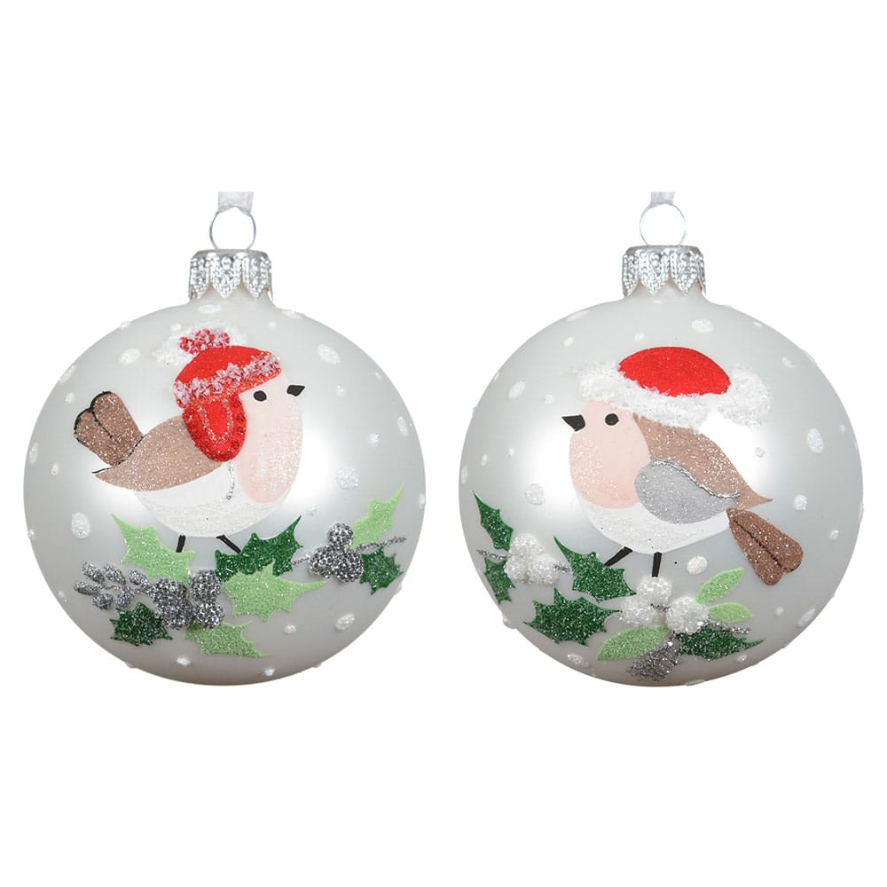 Boule de Noël en verre à motif d'oiseau portant une tuque - Décors Véronneau