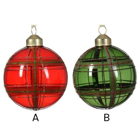 Boule de Noël en verre rouge ou vert carreauté, 3'' - Décors Véronneau