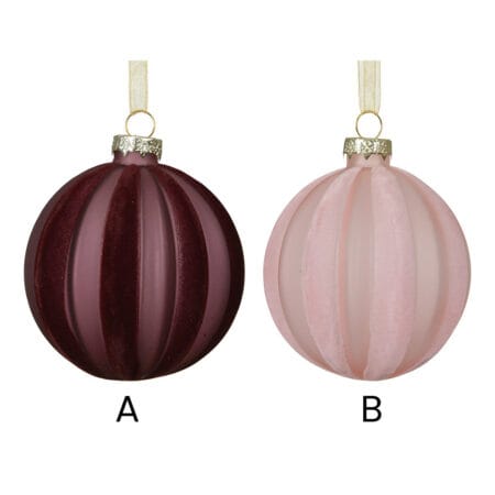 Pink of burgundy Christmas ball with velvet stripes, 3'' - Décors Véronneau