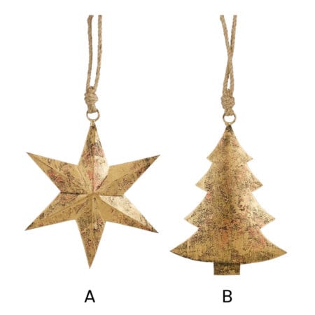 Ornement de Noël étoile ou sapin en métal doré antique, 6'' - Décors Véronneau