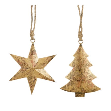 Ornement de Noël étoile ou sapin en métal doré antique, 6''