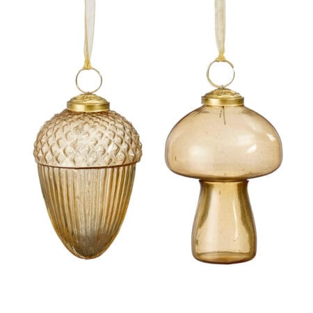 Ornement de Noël champignon ou gland en verre doré, 3''