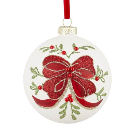 Glass Christmas bauble with red bow print, 4''