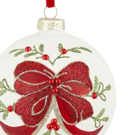 Glass Christmas bauble with red bow print, 4'' - Décors Véronneau