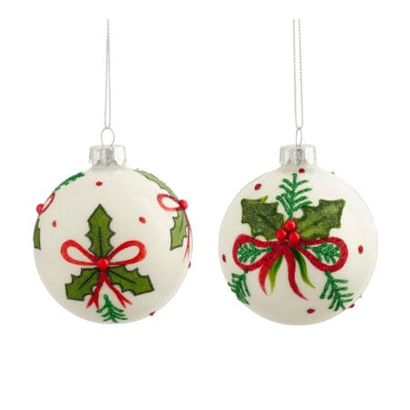 Boule de Noël en verre à motif de houx et boucles rouges, 3''