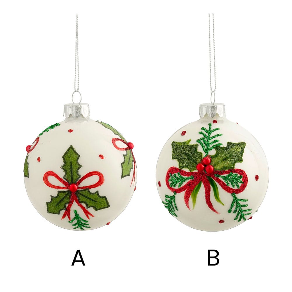 Boule de Noël en verre à motif de houx et boucles rouges - Décors Véronneau
