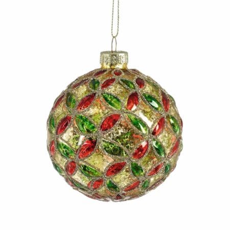 Boule de Noël en verre à motif de fleurs vertes et rouges, 3''