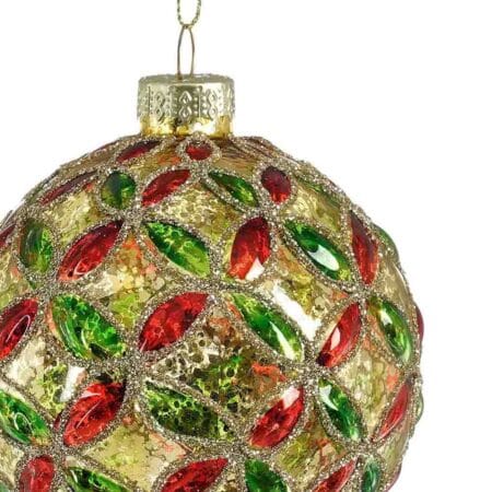 Boule de Noël en verre à motif de fleurs vertes et rouges, 3'' - Décors Véronneau