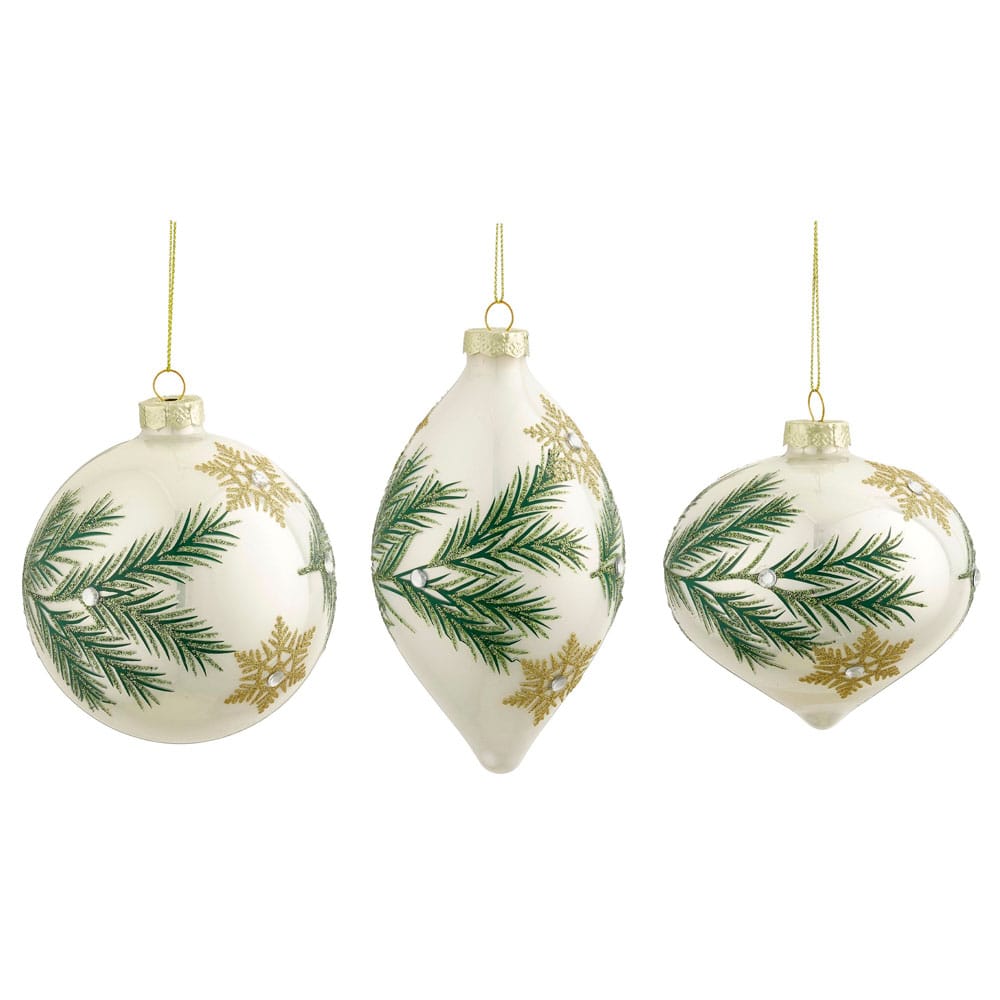 Boule de Noël blanche en verre avec sapinage et étoiles - Décors Véronneau