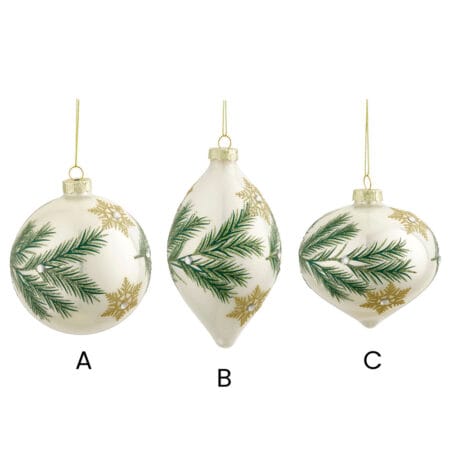 Boule de Noël blanche en verre avec sapinage et étoiles, 4'' - Décors Véronneau