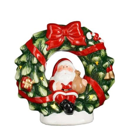 Illuminated Santa Claus wreath holiday decoration, 9''