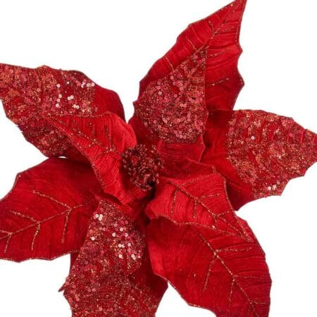 Fleur de Noël poinsettia rouge artificiel avec brillants, 27'' - Décors Véronneau
