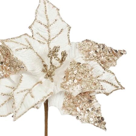 Fleur de Noël poinsettia crème artificiel avec paillettes, 12'' - Décors Véronneau