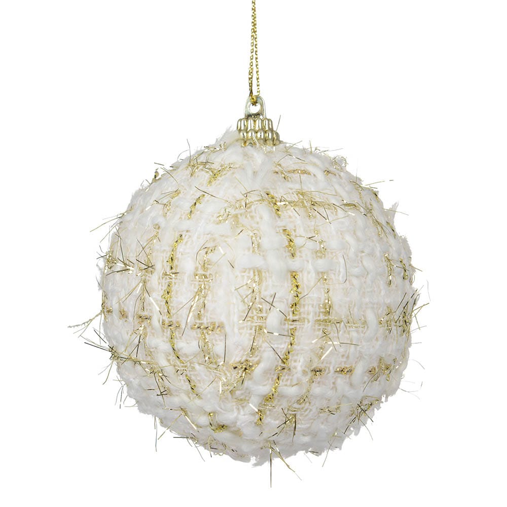 Boule de Noël en tweed blanc avec fil or - Décors Véronneau