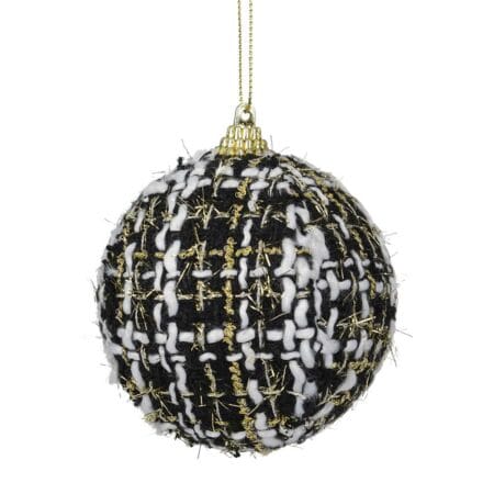 Boule de Noël en tweed noir et blanc avec fil or, 3''