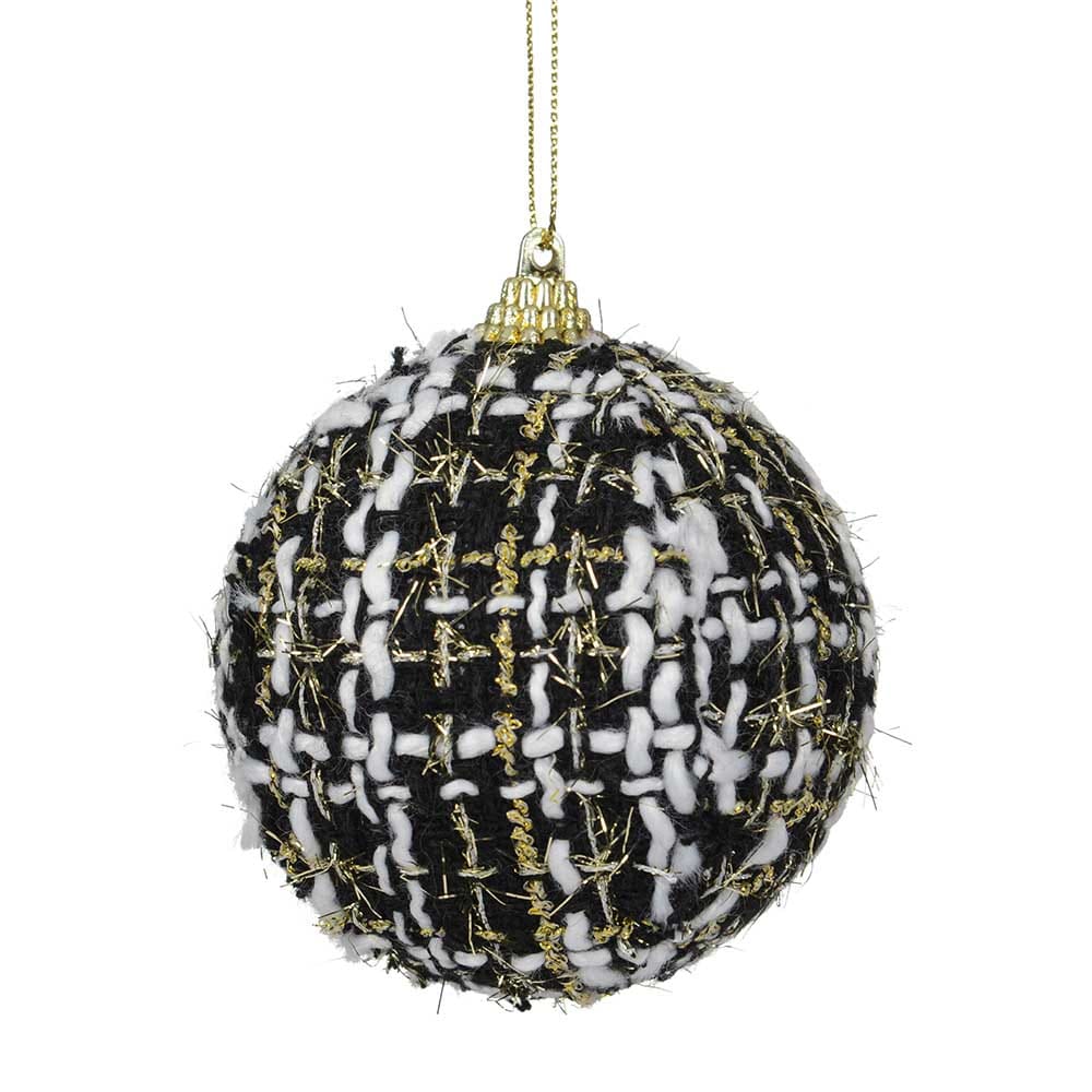 Boule de Noël en tweed noir et blanc avec fil or - Décors Véronneau