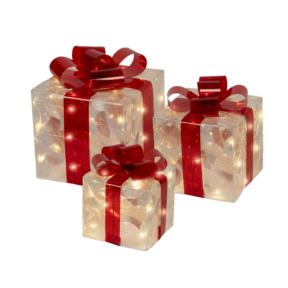 Cadeau de Noël décoratif DEL transparent avec ruban rouge - Décors Véronneau