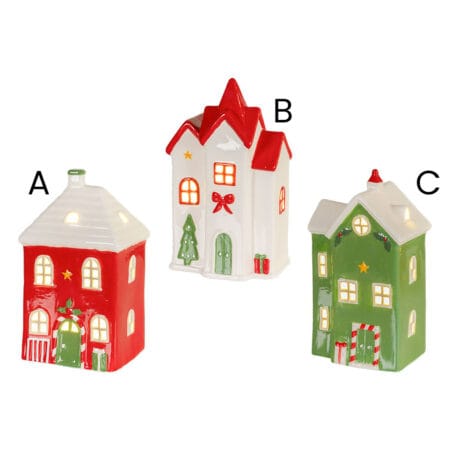 Small red and green LED Christmas house, 8,5'' - Décors Véronneau