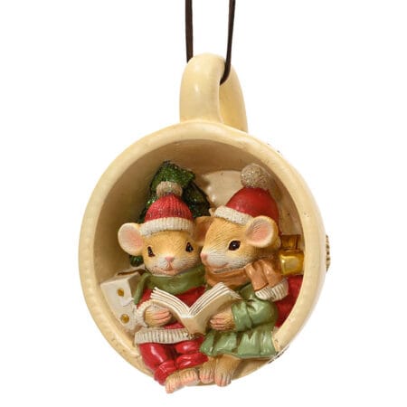 Christmas mug ornament with little mice, 5''