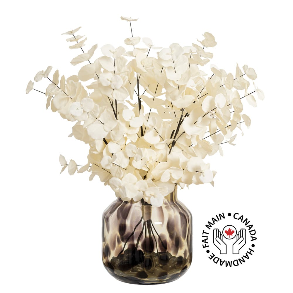 Bouquet d'eucalyptus crème en vase moucheté - Décors Véronneau