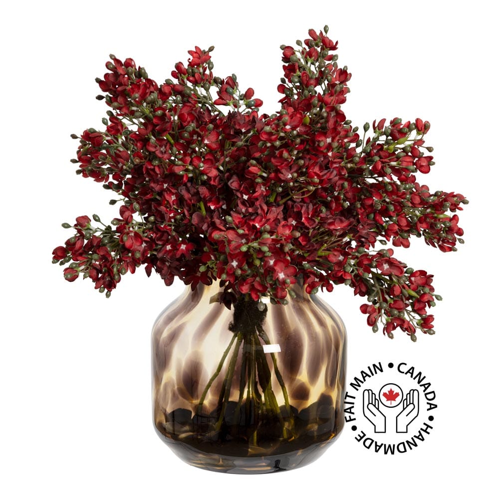Fleurs de cerisier rouge en vase brun moucheté - Décors Véronneau
