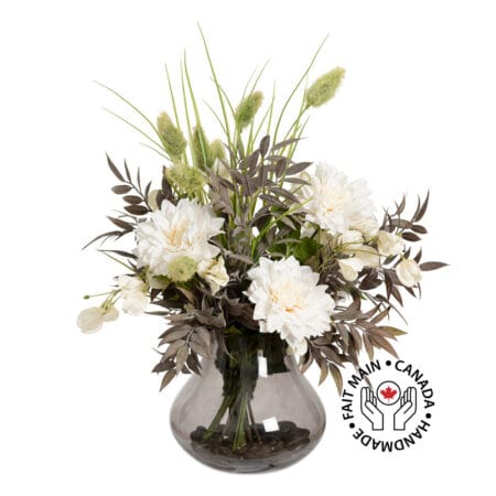 Rustic bouquet of cream-colored dahlias and grasses