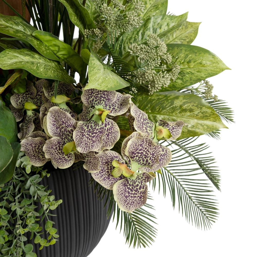 Grand arrangement de sol avec feuillage et palme de cocotier - Décors Véronneau