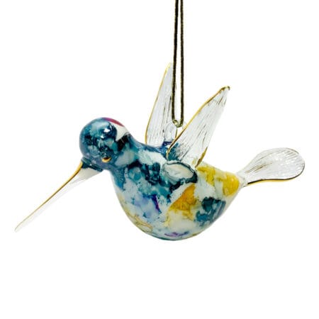 Blue and yellow blown glass hummingbird ornament, 3.5