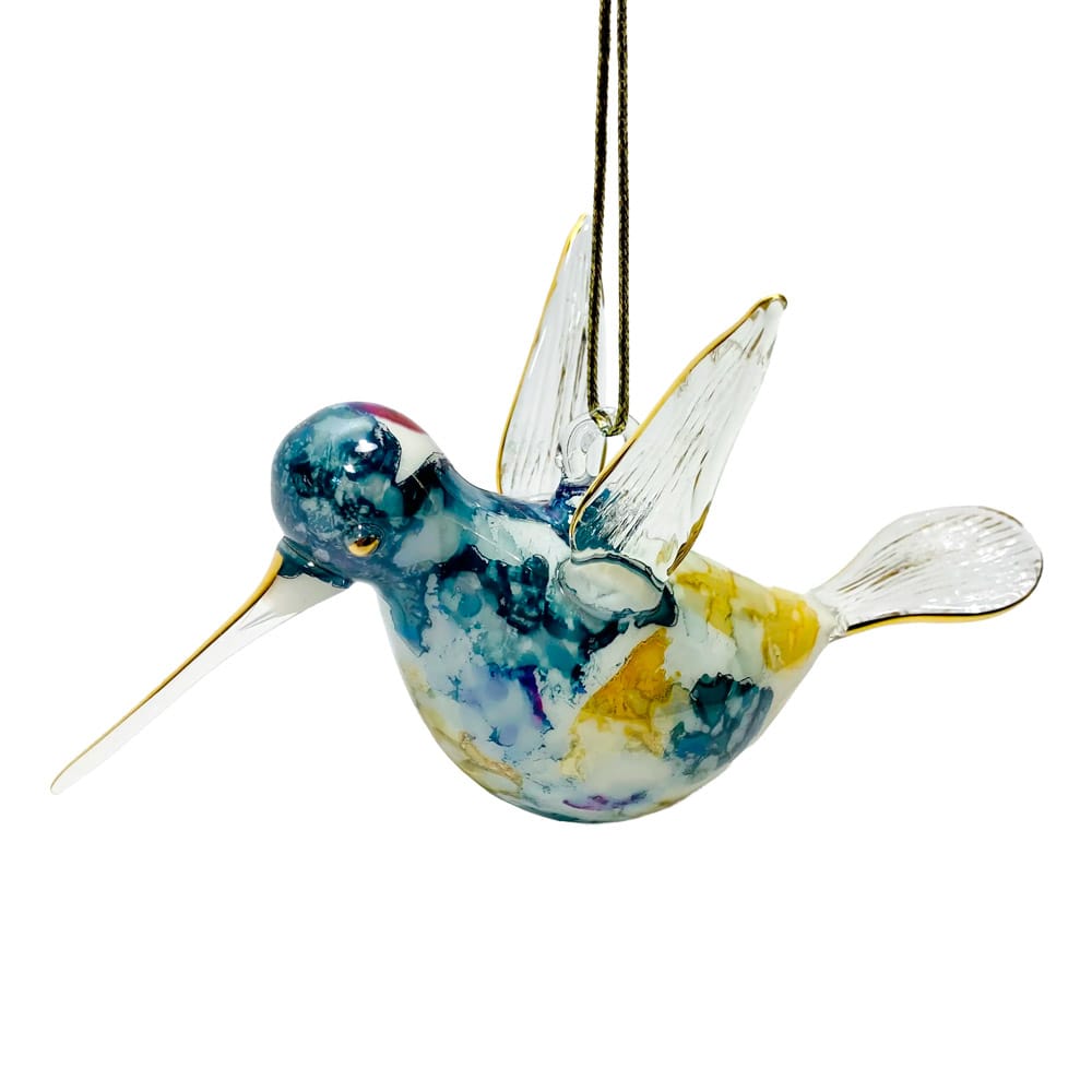 Ornement colibri en verre soufflé bleu et jaune - Décors Véronneau