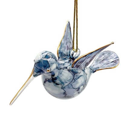 Blue blown glass hummingbird ornament, 3.5