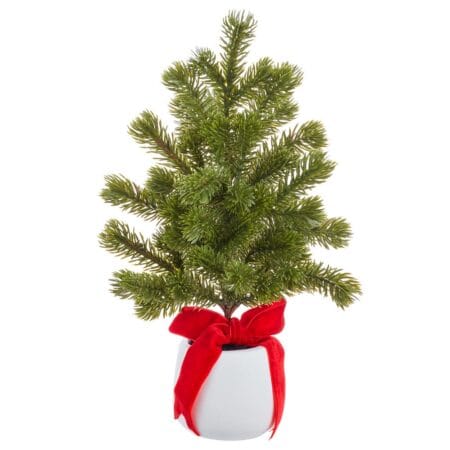 Small artificial spruce in white pot with red bow, 12''