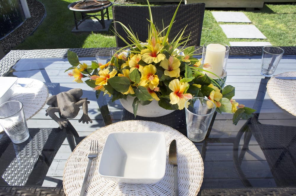 Artificial yellow hibiscus outdoor centerpiece, 14 x 20