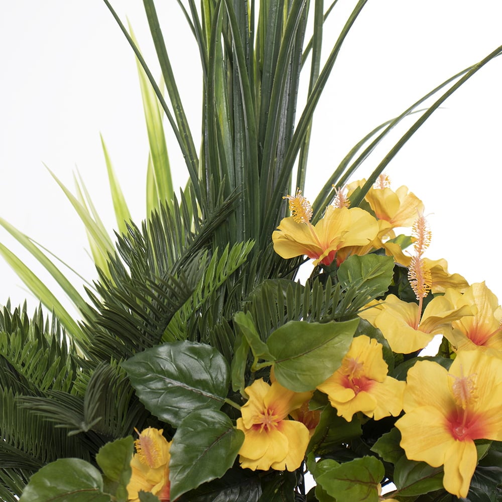 Arrangement floral extérieur d'hibiscus jaune et feuillage artificiels, 55