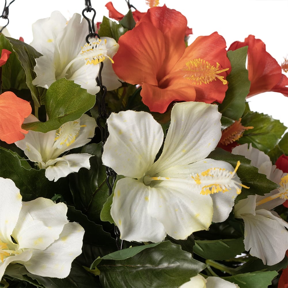 Jardinière suspendue d'hibiscus orange et blanc artificiel, 24 x 22