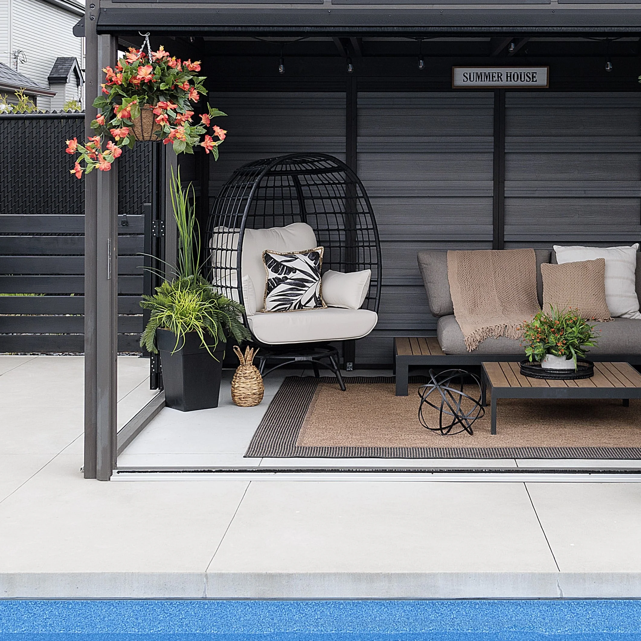 Orange hibiscus outdoor hanging flower basket, 24 x 22