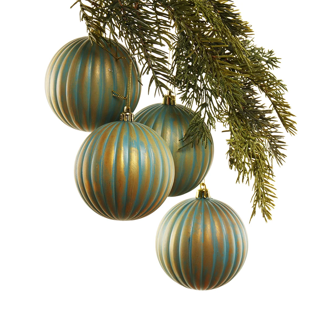 Box of antique blue striped Christmas ornaments, 4