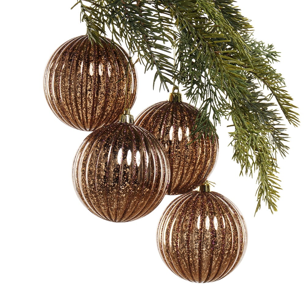 Box of ridged bronze Christmas ball ornaments, 4-8''