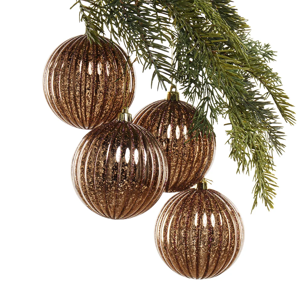 Box of ridged bronze Christmas ball ornaments, 4-8''