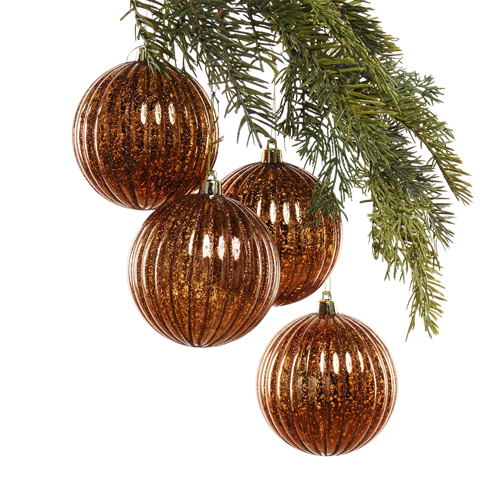 Box of ridged copper Christmas ball ornaments, 4-6''
