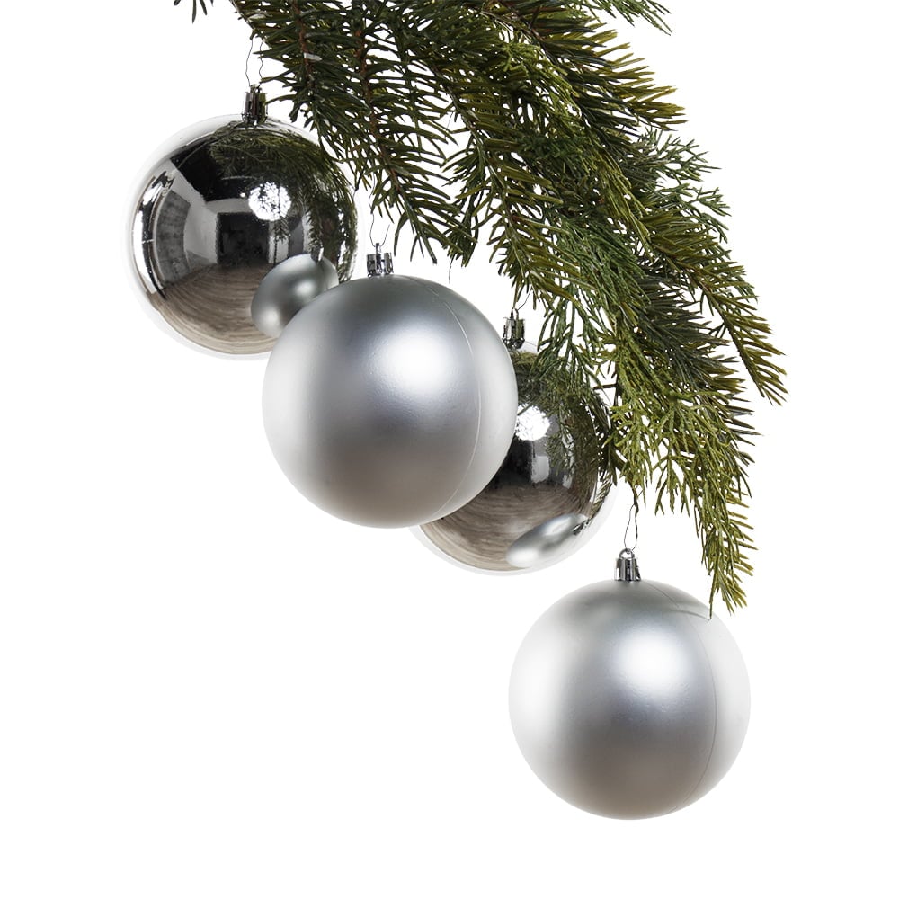 Box of matte and shiny silver Christmas ball ornaments, 4-6''
