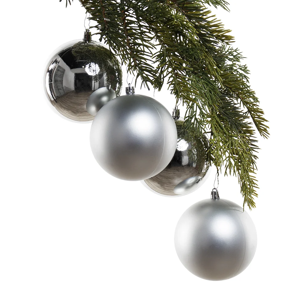Box of matte and shiny silver Christmas ball ornaments, 4-6''