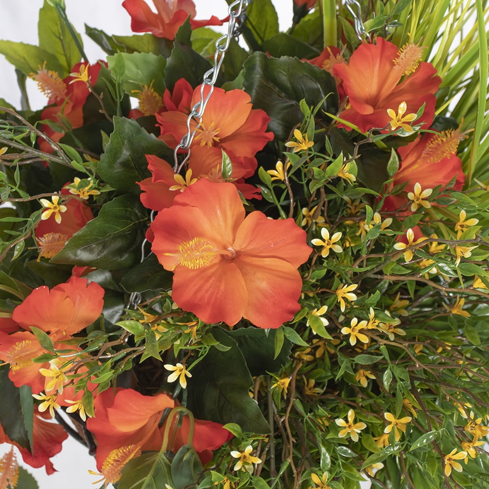 Outdoor hanging flower pot with orange hibiscus, 27 x 20