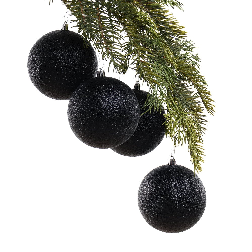 Box of black glittery Christmas ball ornaments, 4-6''