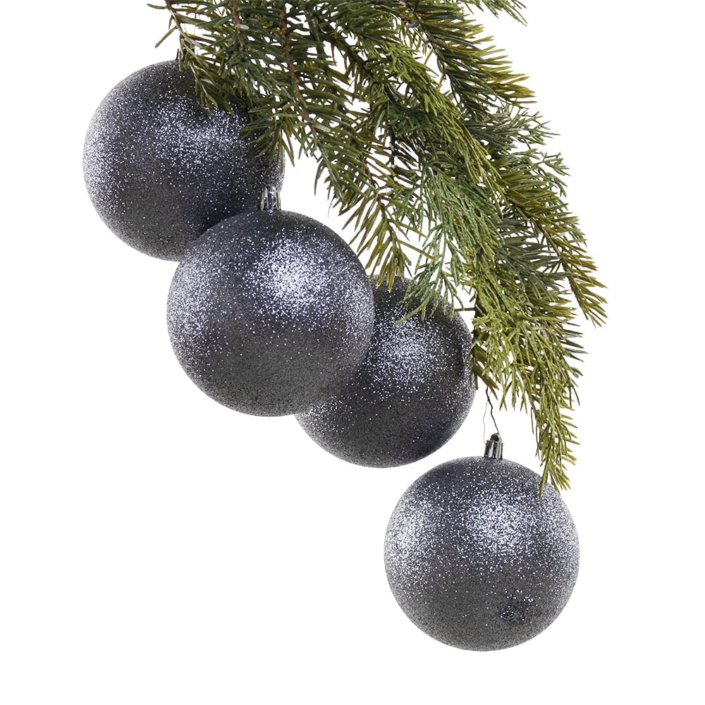 Box of glittery pewter Christmas balls, 4-6