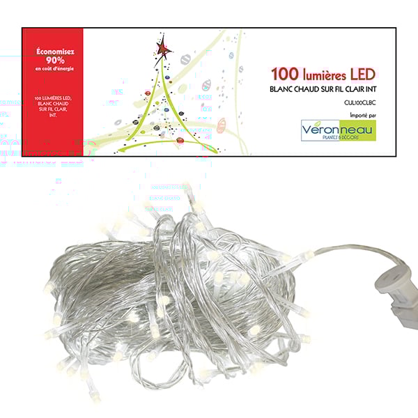 100 lumières de Noël DEL, blanc chaud, fil clair, int, 52,5' - Décors Véronneau