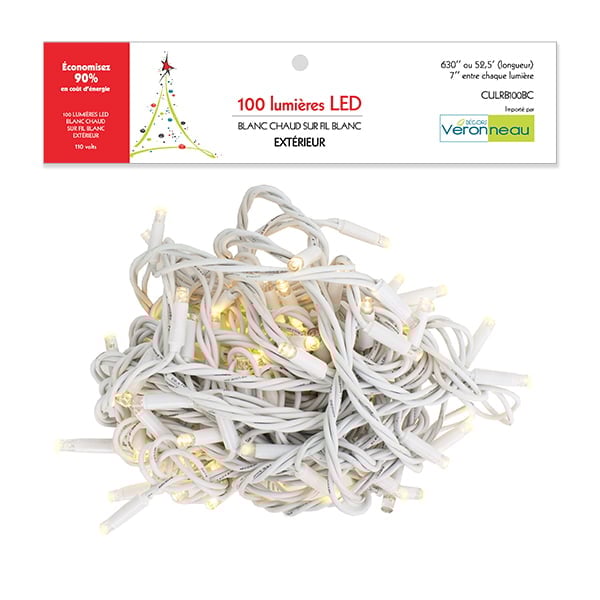 100 lumières de Noël DEL, blanc chaud, fil blanc, int/ext, 52,5' - Décors Véronneau